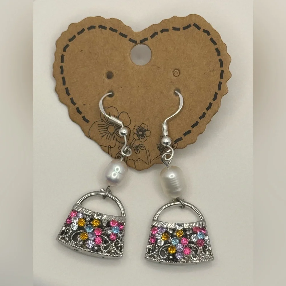 Silver Tone Purse Dangle Charm Earrings NEW